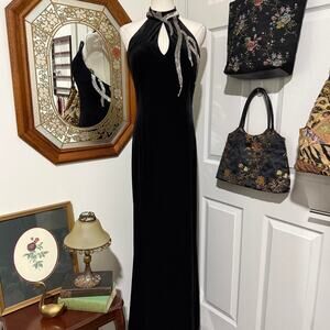 VTG Y2K Nightway Black Velvet Velour & Silver Sequin Flame Formal Halter Dress